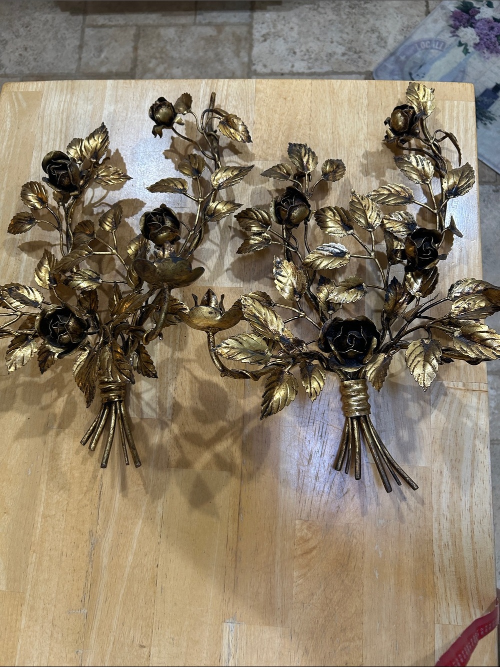 FABULOUS PAIR RARE VINTAGE ITALIAN GILT ROSE DOUBLE WALL SCONCES - Picture 13 of 16